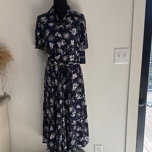 Chaps Navy Floral Midi Shirt Dress with Self-Tie Belt size medium
